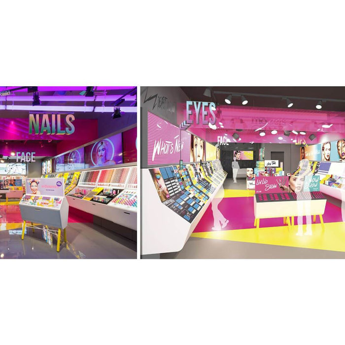 Colorful and distinctive "Models Own" cosmetic store design - M2 Retail