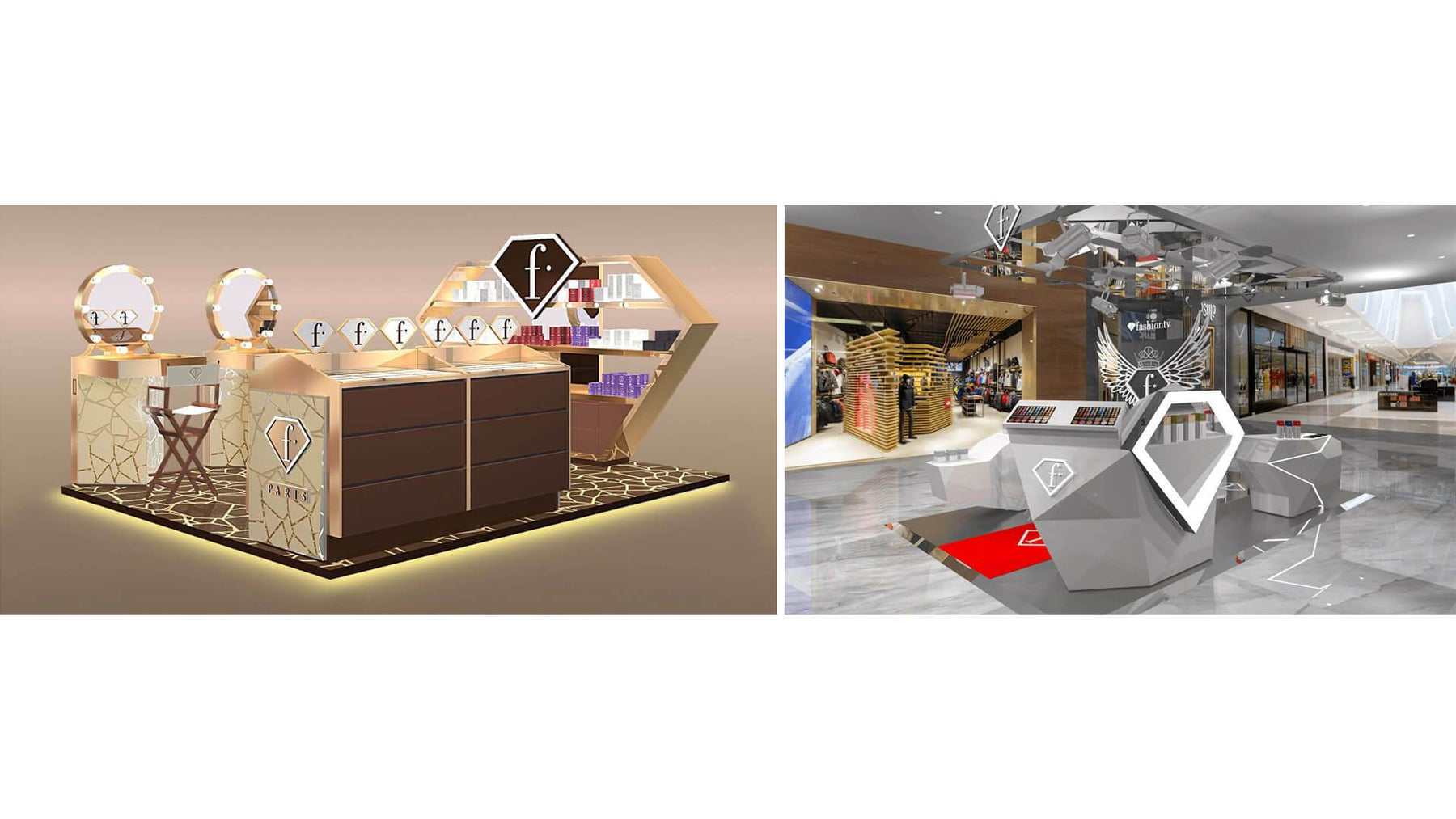 FTV gold polished stainless steel make up kiosk design - M2 Retail
