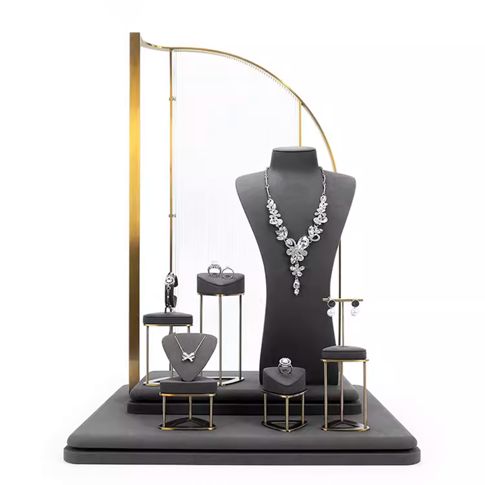 SETS-M2 Items New High-End Gray Jewelry Display Stands for Necklaces, Bracelets, Earrings, and Rings