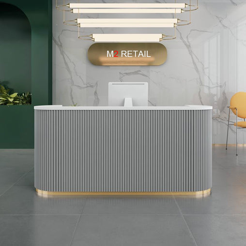 Morandi Colors Reception Counter for Beauty Spa Store (1~2.4m) in Reeded Wood Painting & Gold Stainless Steel - M2 Retail