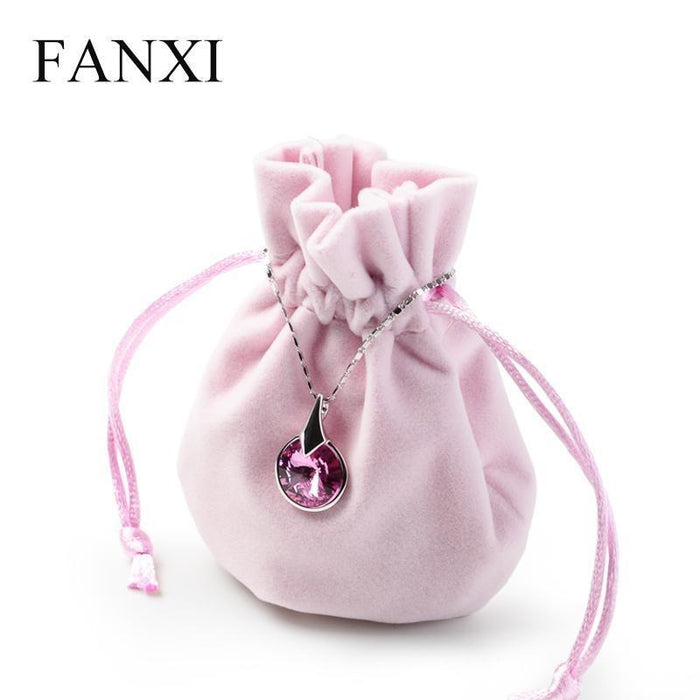 FANXI Custom Logo Jewellery Pouch Bag For Ring Necklace Watch Bracelet  Packaging Light Pink Drawstring Velvet