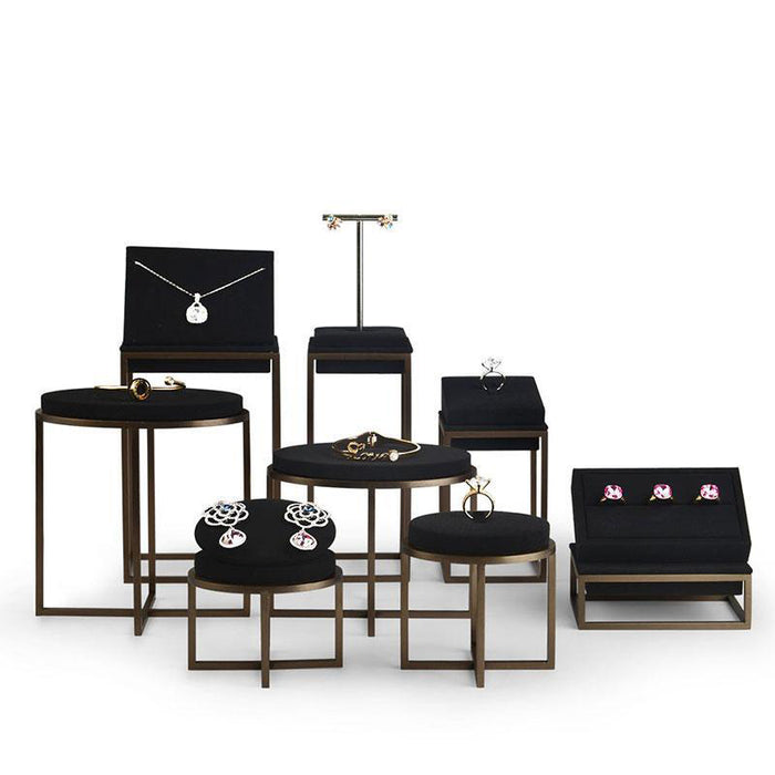 FANXI  New Metal Jewelry Display Stand Set Ring Necklace Bracelet Display Holder Shelf Black Leather Jewelry Organizer Showcase