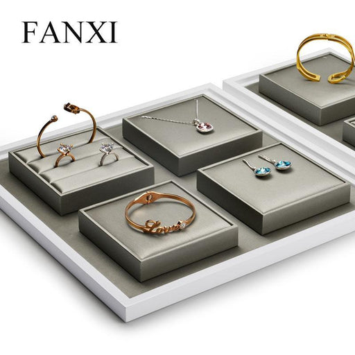 FANXI  PU Leather Jewelry Display Tray with Solid Wood Champagne Ring Necklace Bangle Earring Display Stand Organizer Showcase - M2 Retail