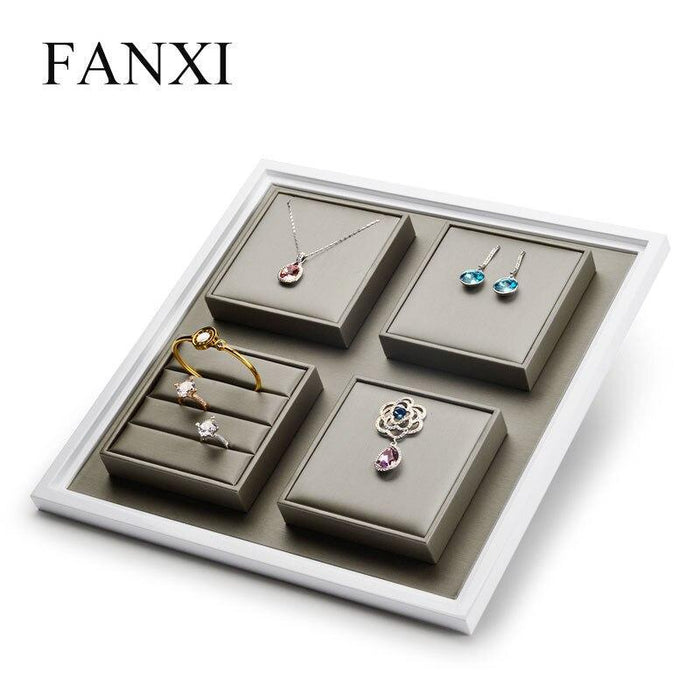 FANXI  PU Leather Jewelry Display Tray with Solid Wood Champagne Ring Necklace Bangle Earring Display Stand Organizer Showcase - M2 Retail