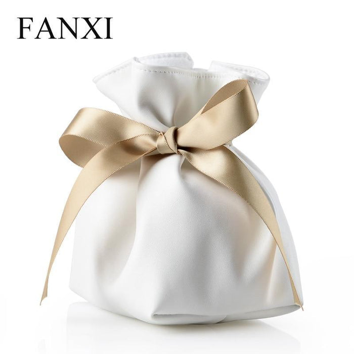 FANXI  White PU Leather Jewelry Bag Gift Pouch with Pillow for Bracelet/Hand Chain /Watch Display with Great Bowknot - M2 Retail