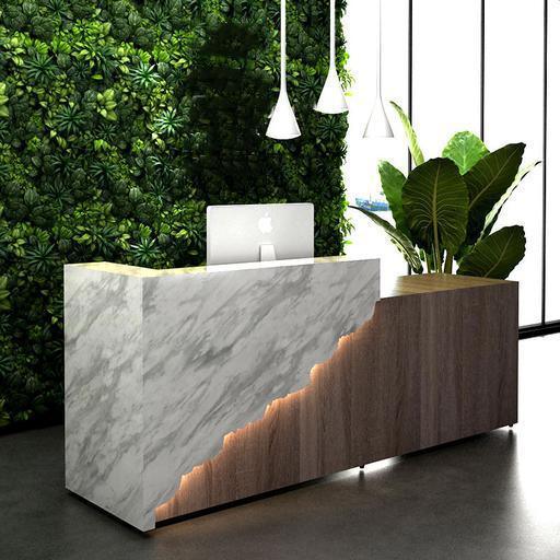 LED Illuminated Marble Reception Desk Front Desk with Brown Wood Grain Hotel Reception Counter Design - M2 Retail