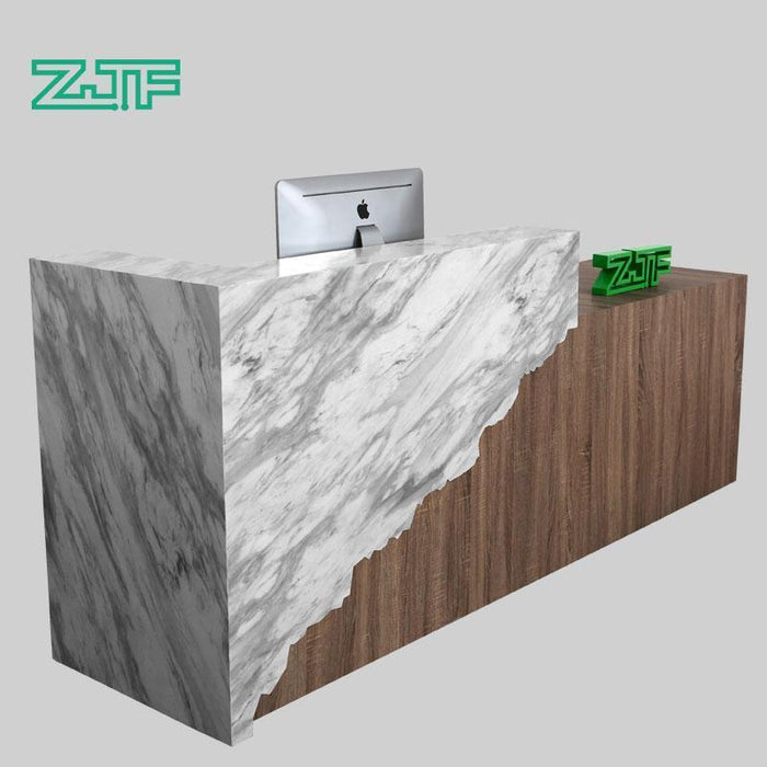 LED Illuminated Marble Reception Desk Front Desk with Brown Wood Grain Hotel Reception Counter Design - M2 Retail