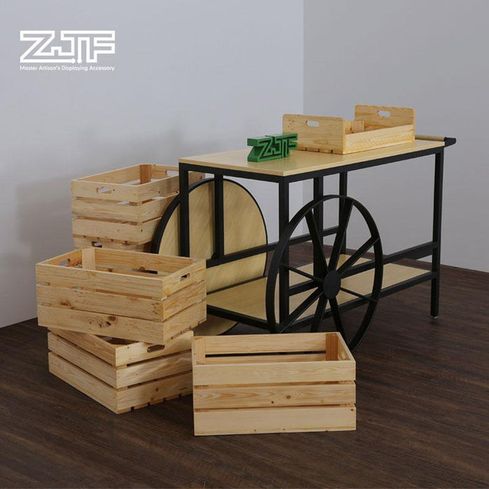 Loft Style Wood & Black Mteal Table with Wheel Decoration for Wine Retail Store Window Display Product Promotion - M2 Retail