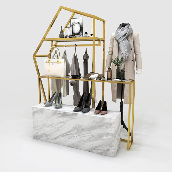Marble Laminated Window Display Design Idea with Gold Linear for Clothing Store Display