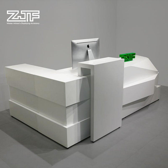 Modern White Reception Desk with Quartz Counter Geometric Reception Desk Wooden Painting - M2 Retail