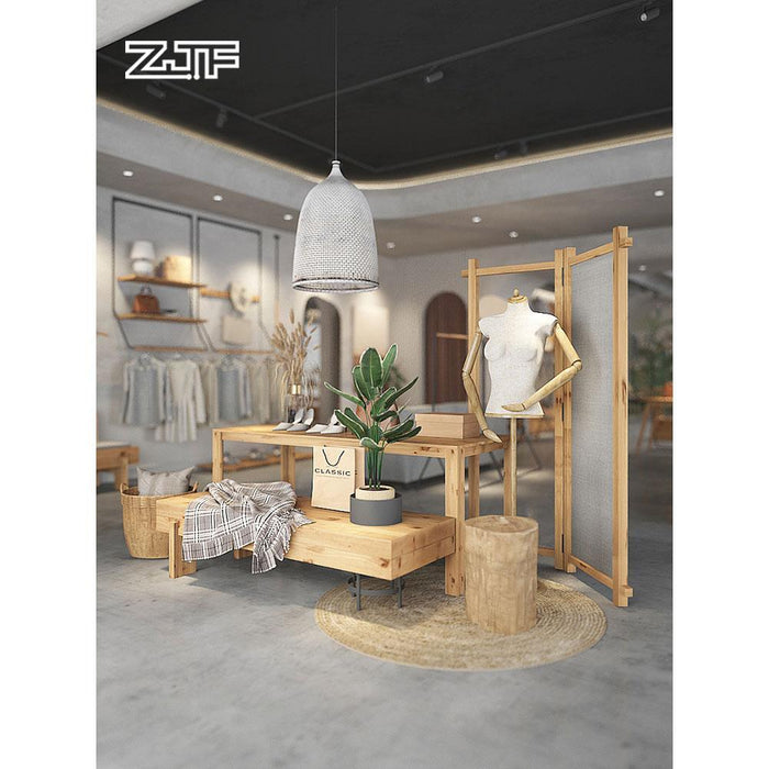 Natural Modern Style Solid Wood Made with Black Metal & Fabric Shop Front Promotion Group Design for Clothing Store - M2 Retail