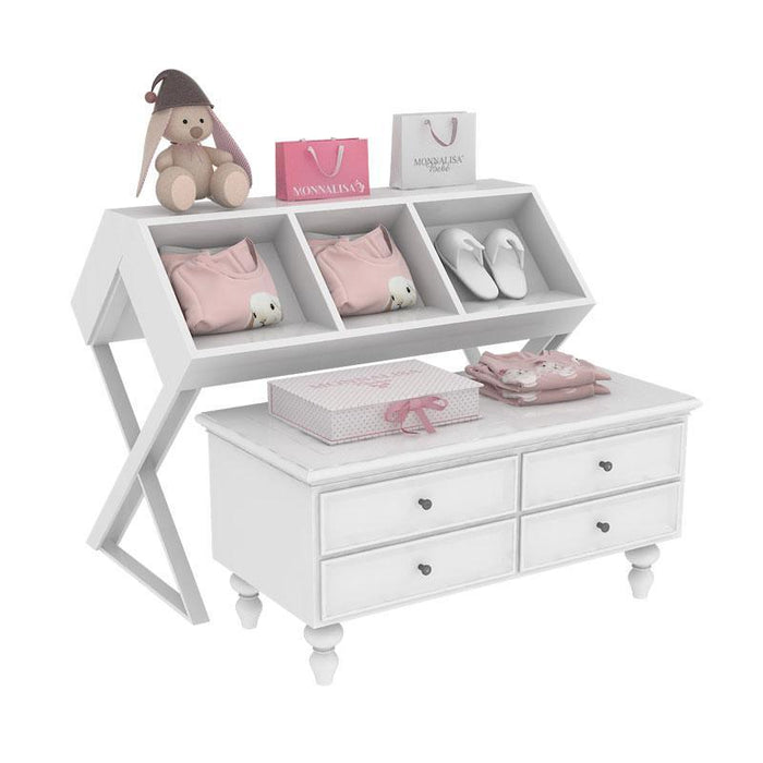 White Painting Display Table with Cabinets for Clothing Store Window Display Design - M2 Retail